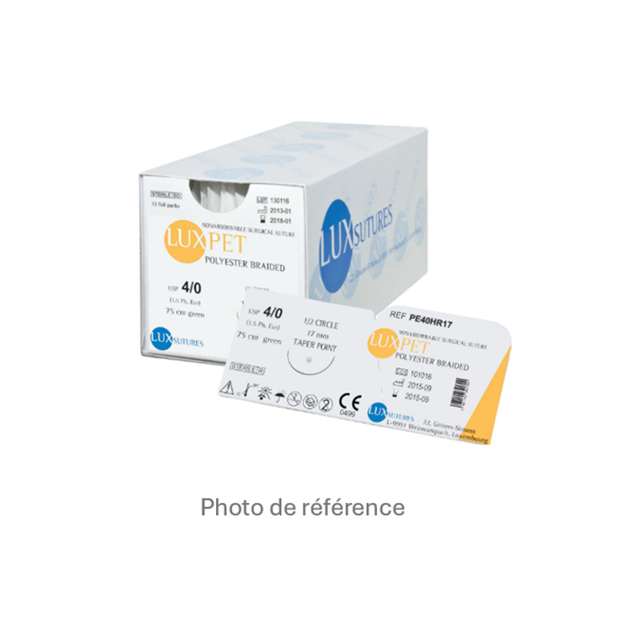 Suture LUXPET 1.0 3/8 Reverse cutting 16mm 5/0, 75cm, 
box of 12 Suture LUXPET 1.0 3/8 Reverse cutting 16mm 5/0, 75cm, 
box of 12